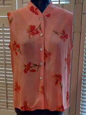 Coldwater Creek Coral & Floral Mandarin Collar Sleeveless Blouse Size 6P